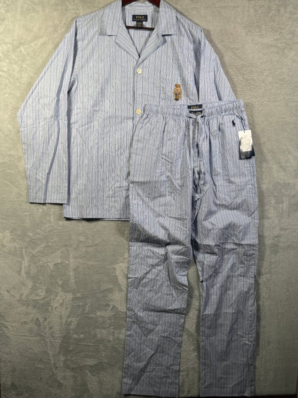 Polo Ralph Lauren Pajama Set Mens S Blue Striped Bloomingdale Bear RARE $110